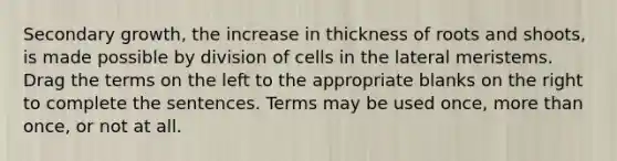 Secondary growth, the increase in thickness of roots and shoots, is made possible by division of cells in the lateral meristems. Drag the terms on the left to the appropriate blanks on the right to complete the sentences. Terms may be used once, more than once, or not at all.