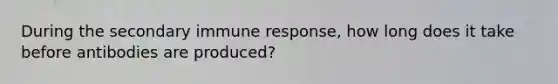 During the secondary immune response, how long does it take before antibodies are produced?