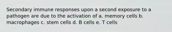 Secondary immune responses upon a second exposure to a pathogen are due to the activation of a. memory cells b. macrophages c. stem cells d. B cells e. T cells