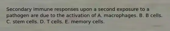 Secondary immune responses upon a second exposure to a pathogen are due to the activation of A. macrophages. B. B cells. C. stem cells. D. T cells. E. memory cells.