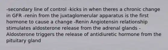 -secondary line of control -kicks in when theres a chronic change in GFR -renin from the juxtaglomerular apparatus is the first hormone to cause a change -Renin Angiotensin relationship stimulates aldosterone release from the adrenal glands -Aldosterone triggers the release of antidiuretic hormone from the pituitary gland