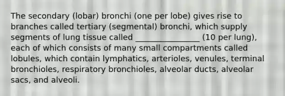 The secondary (lobar) bronchi (one per lobe) gives rise to branches called tertiary (segmental) bronchi, which supply segments of lung tissue called ________________ (10 per lung), each of which consists of many small compartments called lobules, which contain lymphatics, arterioles, venules, terminal bronchioles, respiratory bronchioles, alveolar ducts, alveolar sacs, and alveoli.