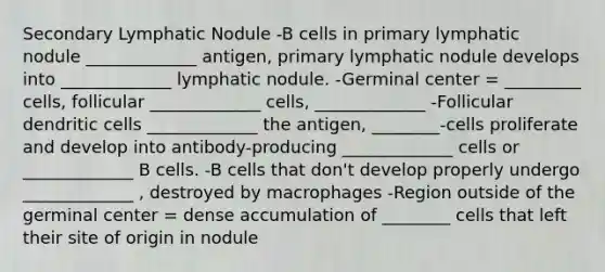 Secondary Lymphatic Nodule -B cells in primary lymphatic nodule _____________ antigen, primary lymphatic nodule develops into _____________ lymphatic nodule. -Germinal center = _________ cells, follicular _____________ cells, _____________ -Follicular dendritic cells _____________ the antigen, ________-cells proliferate and develop into antibody-producing _____________ cells or _____________ B cells. -B cells that don't develop properly undergo _____________ , destroyed by macrophages -Region outside of the germinal center = dense accumulation of ________ cells that left their site of origin in nodule