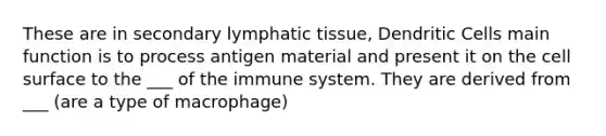 These are in secondary lymphatic tissue, Dendritic Cells main function is to process antigen material and present it on the cell surface to the ___ of the immune system. They are derived from ___ (are a type of macrophage)