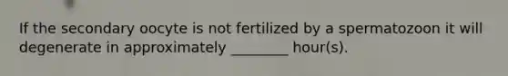 If the secondary oocyte is not fertilized by a spermatozoon it will degenerate in approximately ________ hour(s).