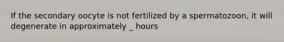 If the secondary oocyte is not fertilized by a spermatozoon, it will degenerate in approximately _ hours