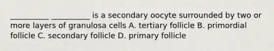 __________ __________ is a secondary oocyte surrounded by two or more layers of granulosa cells A. tertiary follicle B. primordial follicle C. secondary follicle D. primary follicle