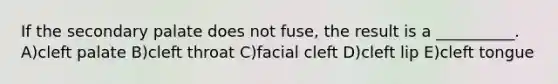 If the secondary palate does not fuse, the result is a __________. A)cleft palate B)cleft throat C)facial cleft D)cleft lip E)cleft tongue