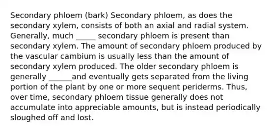 Secondary phloem (bark) Secondary phloem, as does the secondary xylem, consists of both an axial and radial system. Generally, much _____ secondary phloem is present than secondary xylem. The amount of secondary phloem produced by the vascular cambium is usually less than the amount of secondary xylem produced. The older secondary phloem is generally ______and eventually gets separated from the living portion of the plant by one or more sequent periderms. Thus, over time, secondary phloem tissue generally does not accumulate into appreciable amounts, but is instead periodically sloughed off and lost.