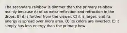 The secondary rainbow is dimmer than the primary rainbow mainly because A) of an extra reflection and refraction in the drops. B) it is farther from the viewer. C) it is larger, and its energy is spread over more area. D) its colors are inverted. E) it simply has less energy than the primary bow.
