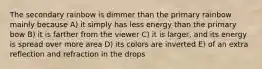 The secondary rainbow is dimmer than the primary rainbow mainly because A) it simply has less energy than the primary bow B) it is farther from the viewer C) it is larger, and its energy is spread over more area D) its colors are inverted E) of an extra reflection and refraction in the drops