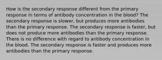 How is the secondary response different from the primary response in terms of antibody concentration in the blood? The secondary response is slower, but produces more antibodies than the primary response. The secondary response is faster, but does not produce more antibodies than the primary response. There is no difference with regard to antibody concentration in the blood. The secondary response is faster and produces more antibodies than the primary response.