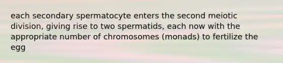 each secondary spermatocyte enters the second meiotic division, giving rise to two spermatids, each now with the appropriate number of chromosomes (monads) to fertilize the egg