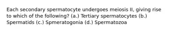 Each secondary spermatocyte undergoes meiosis II, giving rise to which of the following? (a.) Tertiary spermatocytes (b.) Spermatids (c.) Spmeratogonia (d.) Spermatozoa