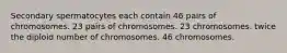 Secondary spermatocytes each contain 46 pairs of chromosomes. 23 pairs of chromosomes. 23 chromosomes. twice the diploid number of chromosomes. 46 chromosomes.