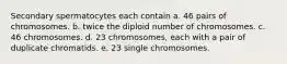 Secondary spermatocytes each contain a. 46 pairs of chromosomes. b. twice the diploid number of chromosomes. c. 46 chromosomes. d. 23 chromosomes, each with a pair of duplicate chromatids. e. 23 single chromosomes.