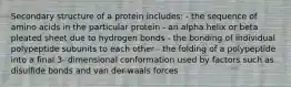 Secondary structure of a protein includes: - the sequence of amino acids in the particular protein - an alpha helix or beta pleated sheet due to hydrogen bonds - the bonding of individual polypeptide subunits to each other - the folding of a polypeptide into a final 3- dimensional conformation used by factors such as disulfide bonds and van der waals forces