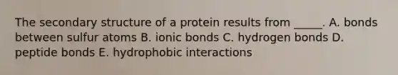 The secondary structure of a protein results from _____. A. bonds between sulfur atoms B. ionic bonds C. hydrogen bonds D. peptide bonds E. hydrophobic interactions