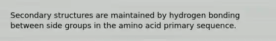 Secondary structures are maintained by hydrogen bonding between side groups in the amino acid primary sequence.