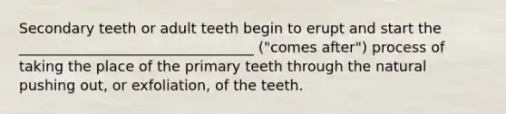 Secondary teeth or adult teeth begin to erupt and start the _________________________________ ("comes after") process of taking the place of the primary teeth through the natural pushing out, or exfoliation, of the teeth.