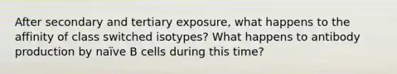 After secondary and tertiary exposure, what happens to the affinity of class switched isotypes? What happens to antibody production by naïve B cells during this time?