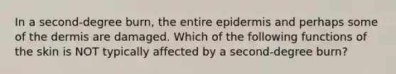 In a second-degree burn, the entire epidermis and perhaps some of the dermis are damaged. Which of the following functions of the skin is NOT typically affected by a second-degree burn?
