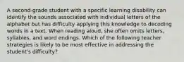 A second-grade student with a specific learning disability can identify the sounds associated with individual letters of the alphabet but has difficulty applying this knowledge to decoding words in a text. When reading aloud, she often omits letters, syllables, and word endings. Which of the following teacher strategies is likely to be most effective in addressing the student's difficulty?