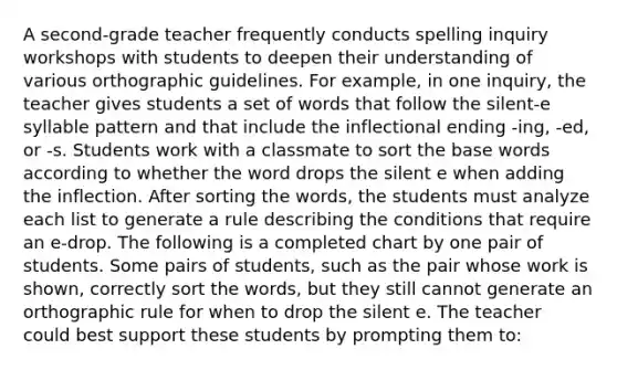 A second-grade teacher frequently conducts spelling inquiry workshops with students to deepen their understanding of various orthographic guidelines. For example, in one inquiry, the teacher gives students a set of words that follow the silent-e syllable pattern and that include the inflectional ending -ing, -ed, or -s. Students work with a classmate to sort the base words according to whether the word drops the silent e when adding the inflection. After sorting the words, the students must analyze each list to generate a rule describing the conditions that require an e-drop. The following is a completed chart by one pair of students. Some pairs of students, such as the pair whose work is shown, correctly sort the words, but they still cannot generate an orthographic rule for when to drop the silent e. The teacher could best support these students by prompting them to: