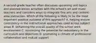 A second-grade teacher often discusses upcoming unit topics and planned lesson activities with the school's art and music teachers and considers ways to integrate fine arts and content-area instruction. Which of the following is likely to be the most important positive outcome of this approach? A. helping ensure consistency in the instructional approaches used across subject areas B. enhancing the overall quality of the school work environment C. minimizing the potential for redundancy in the curriculum and objectives D. promoting a climate of professional collaboration and mutual support