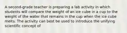 A second-grade teacher is preparing a lab activity in which students will compare the weight of an ice cube in a cup to the weight of the water that remains in the cup when the ice cube melts. The activity can best be used to introduce the unifying scientific concept of