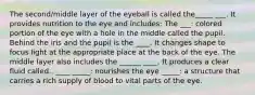 The second/middle layer of the eyeball is called the_____ ___. It provides nutrition to the eye and includes: The ___: colored portion of the eye with a hole in the middle called the pupil. Behind the iris and the pupil is the ____. It changes shape to focus light at the appropriate place at the back of the eye. The middle layer also includes the ______ ____. It produces a clear fluid called.. ____ _____: nourishes the eye _____: a structure that carries a rich supply of blood to vital parts of the eye.