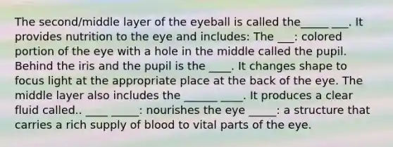 The second/middle layer of the eyeball is called the_____ ___. It provides nutrition to the eye and includes: The ___: colored portion of the eye with a hole in the middle called the pupil. Behind the iris and the pupil is the ____. It changes shape to focus light at the appropriate place at the back of the eye. The middle layer also includes the ______ ____. It produces a clear fluid called.. ____ _____: nourishes the eye _____: a structure that carries a rich supply of blood to vital parts of the eye.