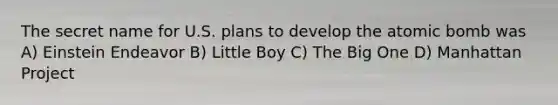 The secret name for U.S. plans to develop the atomic bomb was A) Einstein Endeavor B) Little Boy C) The Big One D) Manhattan Project