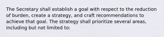 The Secretary shall establish a goal with respect to the reduction of burden, create a strategy, and craft recommendations to achieve that goal. The strategy shall prioritize several areas, including but not limited to: