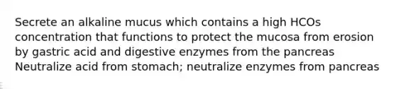 Secrete an alkaline mucus which contains a high HCOs concentration that functions to protect the mucosa from erosion by gastric acid and <a href='https://www.questionai.com/knowledge/kK14poSlmL-digestive-enzymes' class='anchor-knowledge'>digestive enzymes</a> from <a href='https://www.questionai.com/knowledge/kITHRba4Cd-the-pancreas' class='anchor-knowledge'>the pancreas</a> Neutralize acid from stomach; neutralize enzymes from pancreas