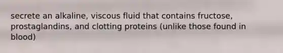 secrete an alkaline, viscous fluid that contains fructose, prostaglandins, and clotting proteins (unlike those found in blood)