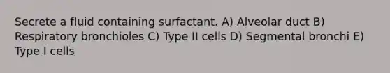 Secrete a fluid containing surfactant. A) Alveolar duct B) Respiratory bronchioles C) Type II cells D) Segmental bronchi E) Type I cells