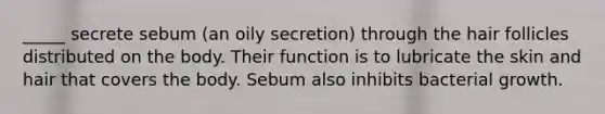 _____ secrete sebum (an oily secretion) through the hair follicles distributed on the body. Their function is to lubricate the skin and hair that covers the body. Sebum also inhibits bacterial growth.