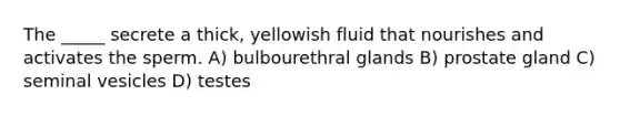 The _____ secrete a thick, yellowish fluid that nourishes and activates the sperm. A) bulbourethral glands B) prostate gland C) seminal vesicles D) testes