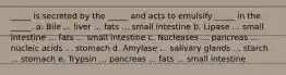 _____ is secreted by the _____ and acts to emulsify _____ in the _____. a. Bile ... liver ... fats ... small intestine b. Lipase ... small intestine ... fats ... small intestine c. Nucleases ... pancreas ... nucleic acids ... stomach d. Amylase ... salivary glands ... starch ... stomach e. Trypsin ... pancreas ... fats ... small intestine