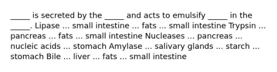 _____ is secreted by the _____ and acts to emulsify _____ in the _____. Lipase ... small intestine ... fats ... small intestine Trypsin ... pancreas ... fats ... small intestine Nucleases ... pancreas ... nucleic acids ... stomach Amylase ... salivary glands ... starch ... stomach Bile ... liver ... fats ... small intestine