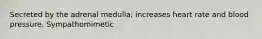Secreted by the adrenal medulla; increases heart rate and blood pressure. Sympathomimetic