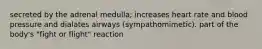 secreted by the adrenal medulla; increases heart rate and blood pressure and dialates airways (sympathomimetic). part of the body's "fight or flight" reaction