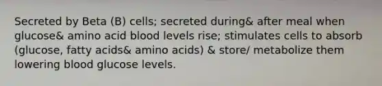 Secreted by Beta (B) cells; secreted during& after meal when glucose& amino acid blood levels rise; stimulates cells to absorb (glucose, fatty acids& amino acids) & store/ metabolize them lowering blood glucose levels.