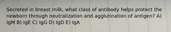 Secreted in breast milk, what class of antibody helps protect the newborn through neutralization and agglutination of antigen? A) IgM B) IgE C) IgG D) IgD E) IgA