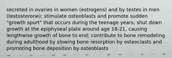 secreted in ovaries in women (estrogens) and by testes in men (testosterone); stimulate osteoblasts and promote sudden "growth spurt" that occurs during the teenage years; shut down growth at the epiphyseal plate around age 18-21, causing lengthwise growth of bone to end; contribute to bone remodeling during adulthood by slowing bone resorption by osteoclasts and promoting bone deposition by osteoblasts