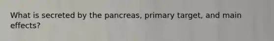 What is secreted by the pancreas, primary target, and main effects?