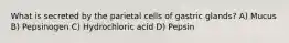 What is secreted by the parietal cells of gastric glands? A) Mucus B) Pepsinogen C) Hydrochloric acid D) Pepsin