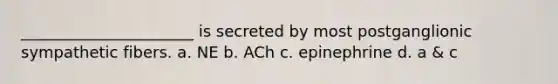 ______________________ is secreted by most postganglionic sympathetic fibers. a. NE b. ACh c. epinephrine d. a & c