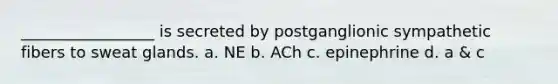 _________________ is secreted by postganglionic sympathetic fibers to sweat glands. a. NE b. ACh c. epinephrine d. a & c